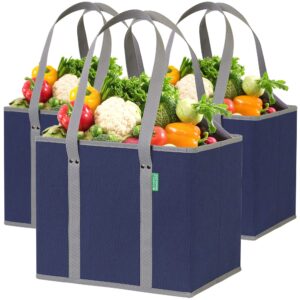 reusable grocery bags (3 pack) – heavy duty reusable shopping bags with box shape to stand up, stay open, fold flat – large tote bags are foldable with long handles & hard bottom (navy blue)