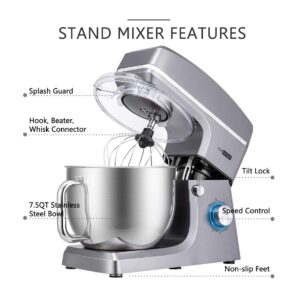 VIVOHOME 7.5 Quart Stand Mixer, 660W 6-Speed Tilt-Head Kitchen Electric Food Mixer with Beater, Dough Hook, Wire Whip, and Egg Separator, Iron Gray