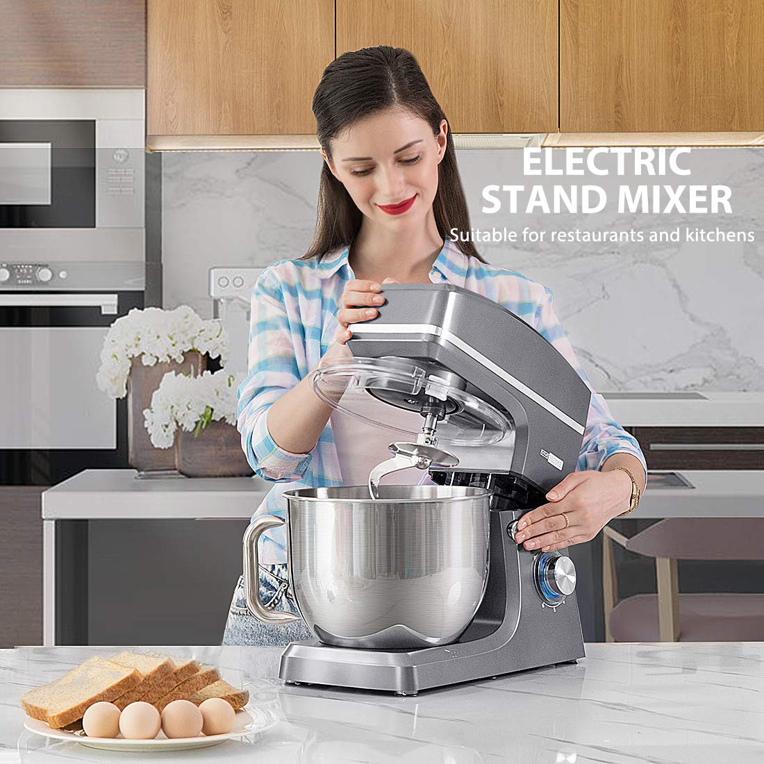 VIVOHOME 7.5 Quart Stand Mixer, 660W 6-Speed Tilt-Head Kitchen Electric Food Mixer with Beater, Dough Hook, Wire Whip, and Egg Separator, Iron Gray