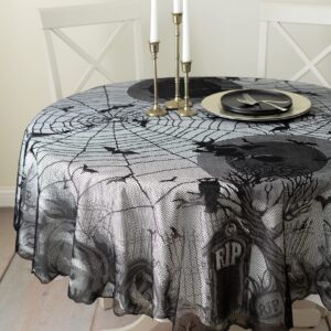 Benson Mills Spooky Spirits Web Lace Fabric Halloween Tablecloth, Halloween Table Cloth (Black, 70" Round)