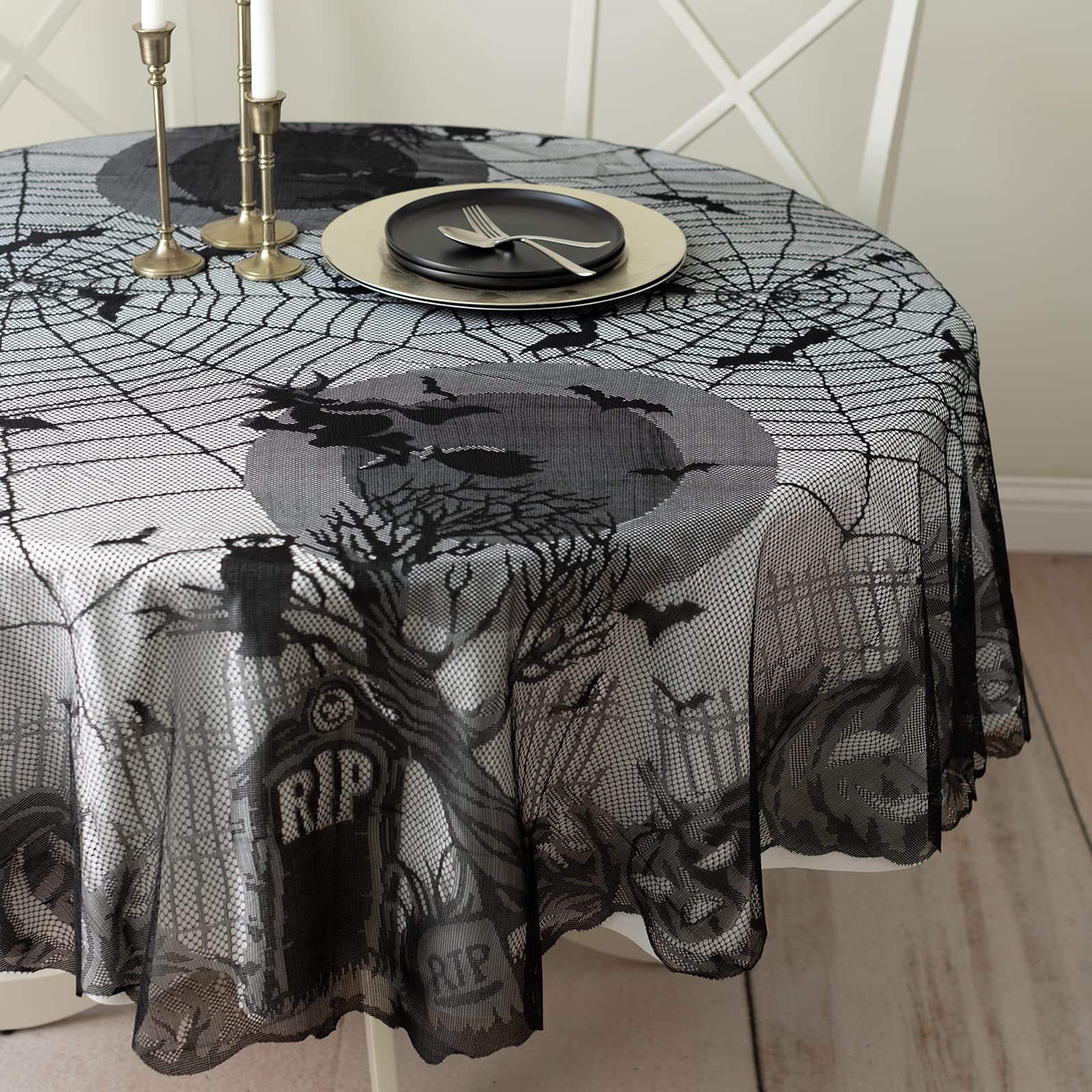 Benson Mills Spooky Spirits Web Lace Fabric Halloween Tablecloth, Halloween Table Cloth (Black, 70" Round)