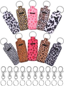 10 pieces cow print lipstick holder lipstick holder keychain sleeve lipstick pouch lip balm holder sleeve with 10 metal key chains to hold travel daily accessories, leopard style