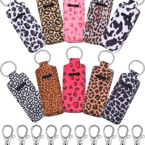 10 Pieces Cow Print Lipstick Holder Lipstick Holder Keychain Sleeve Lipstick Pouch Lip Balm Holder Sleeve with 10 Metal Key Chains to hold Travel Daily Accessories, Leopard Style