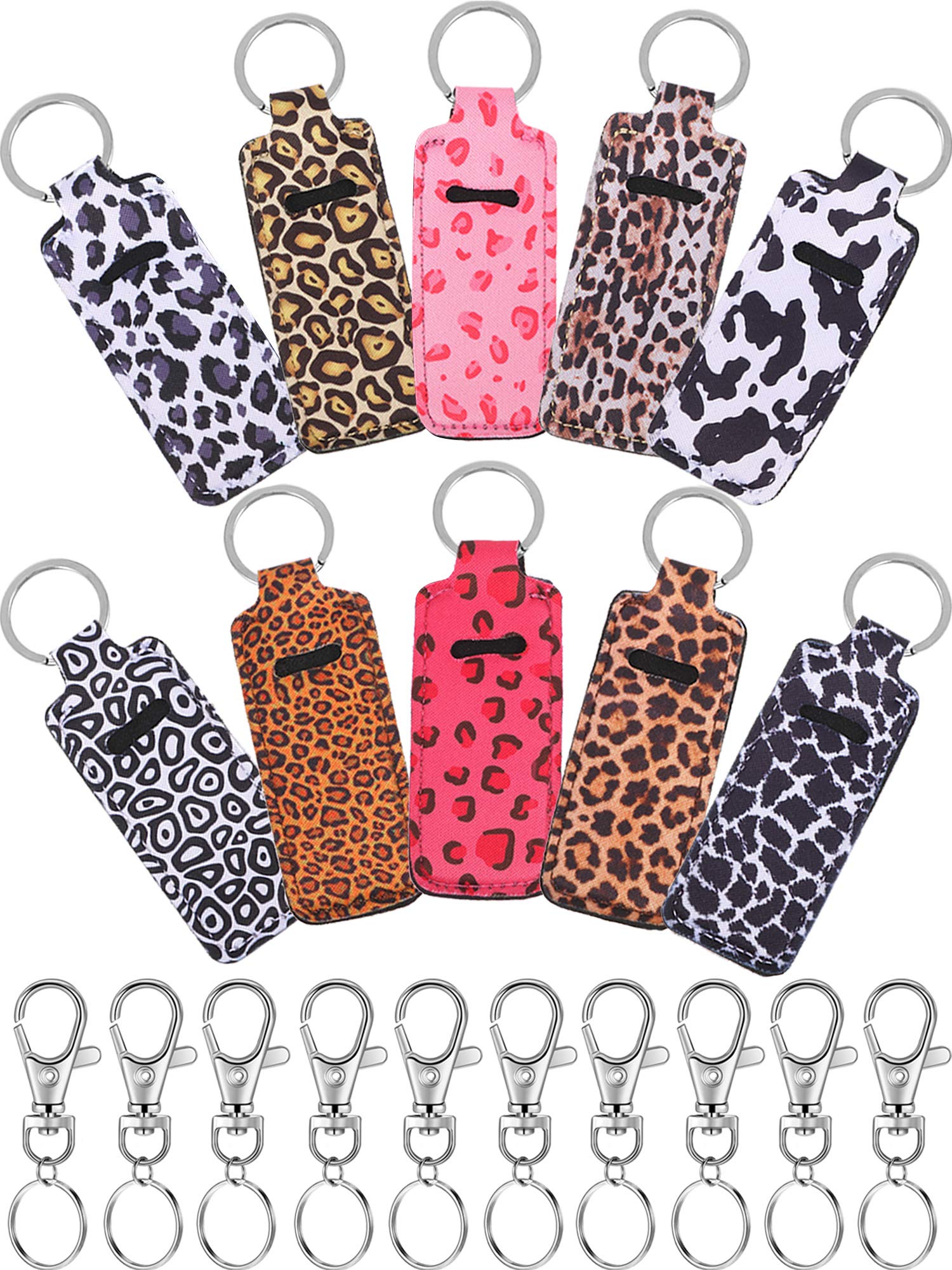 10 Pieces Cow Print Lipstick Holder Lipstick Holder Keychain Sleeve Lipstick Pouch Lip Balm Holder Sleeve with 10 Metal Key Chains to hold Travel Daily Accessories, Leopard Style