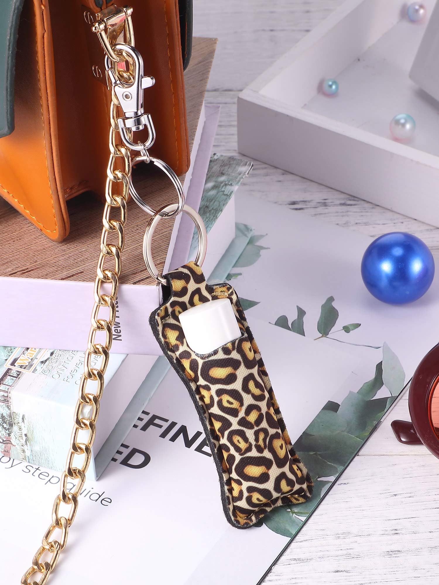 10 Pieces Cow Print Lipstick Holder Lipstick Holder Keychain Sleeve Lipstick Pouch Lip Balm Holder Sleeve with 10 Metal Key Chains to hold Travel Daily Accessories, Leopard Style
