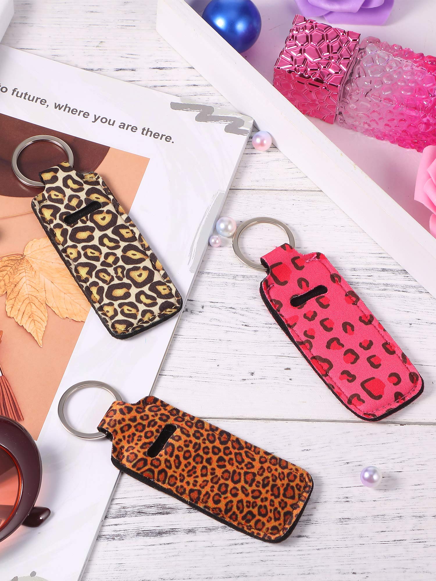 10 Pieces Cow Print Lipstick Holder Lipstick Holder Keychain Sleeve Lipstick Pouch Lip Balm Holder Sleeve with 10 Metal Key Chains to hold Travel Daily Accessories, Leopard Style