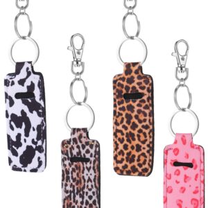 10 Pieces Cow Print Lipstick Holder Lipstick Holder Keychain Sleeve Lipstick Pouch Lip Balm Holder Sleeve with 10 Metal Key Chains to hold Travel Daily Accessories, Leopard Style
