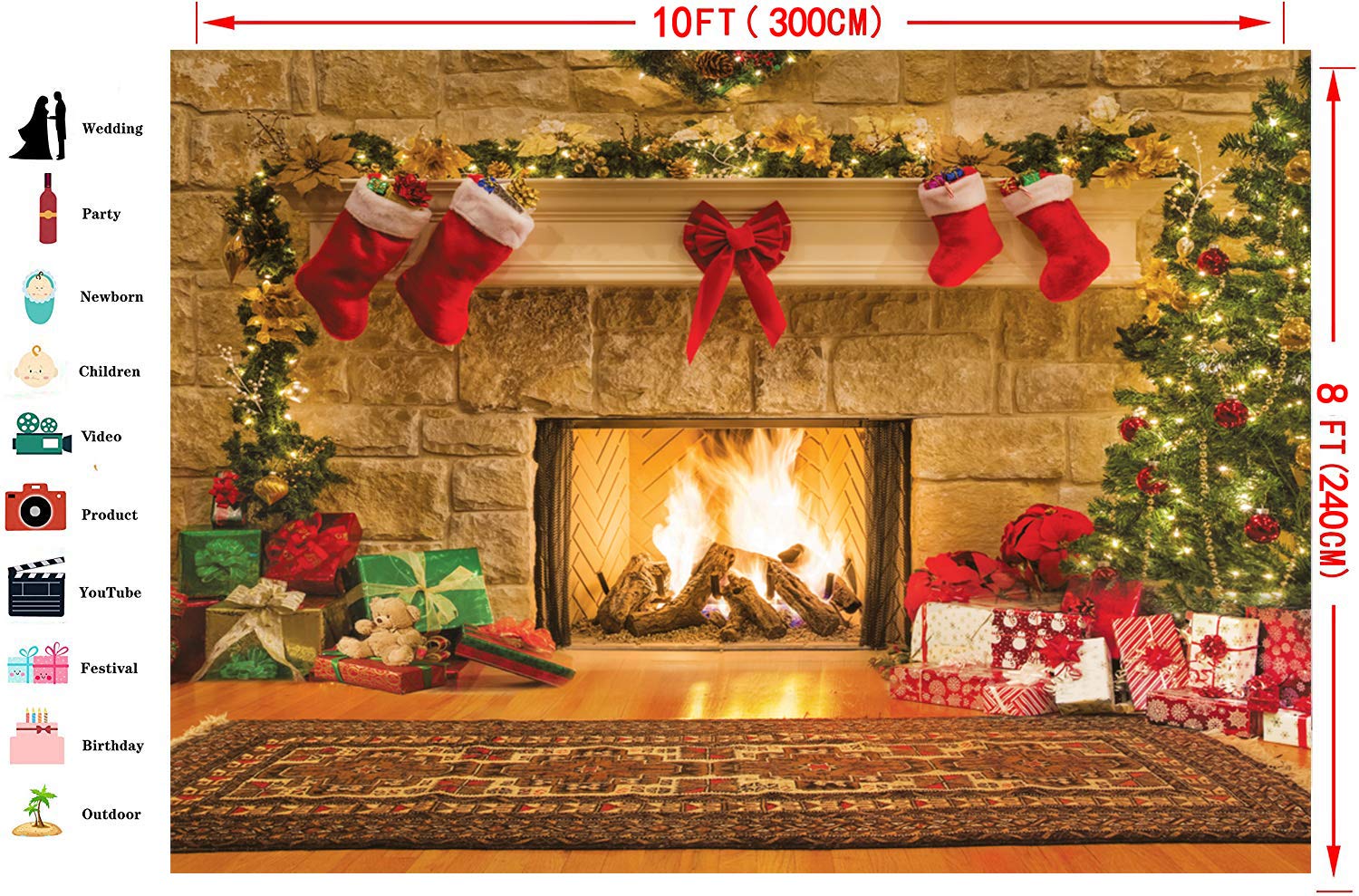 CYLYH 10x8ft Christmas Photography Backdrops Child Christmas Fireplace Decoration Background for PhotoChristmas Party Background D087