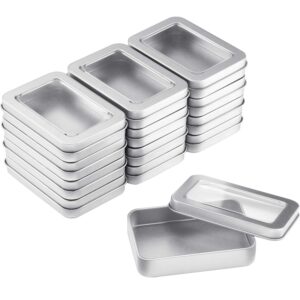metal tin box metal tins with lids clear top tins box empty storage tins case rectangle containers can with large clear window for candles, candies, gifts, balms and treasures, silver(24 pieces)