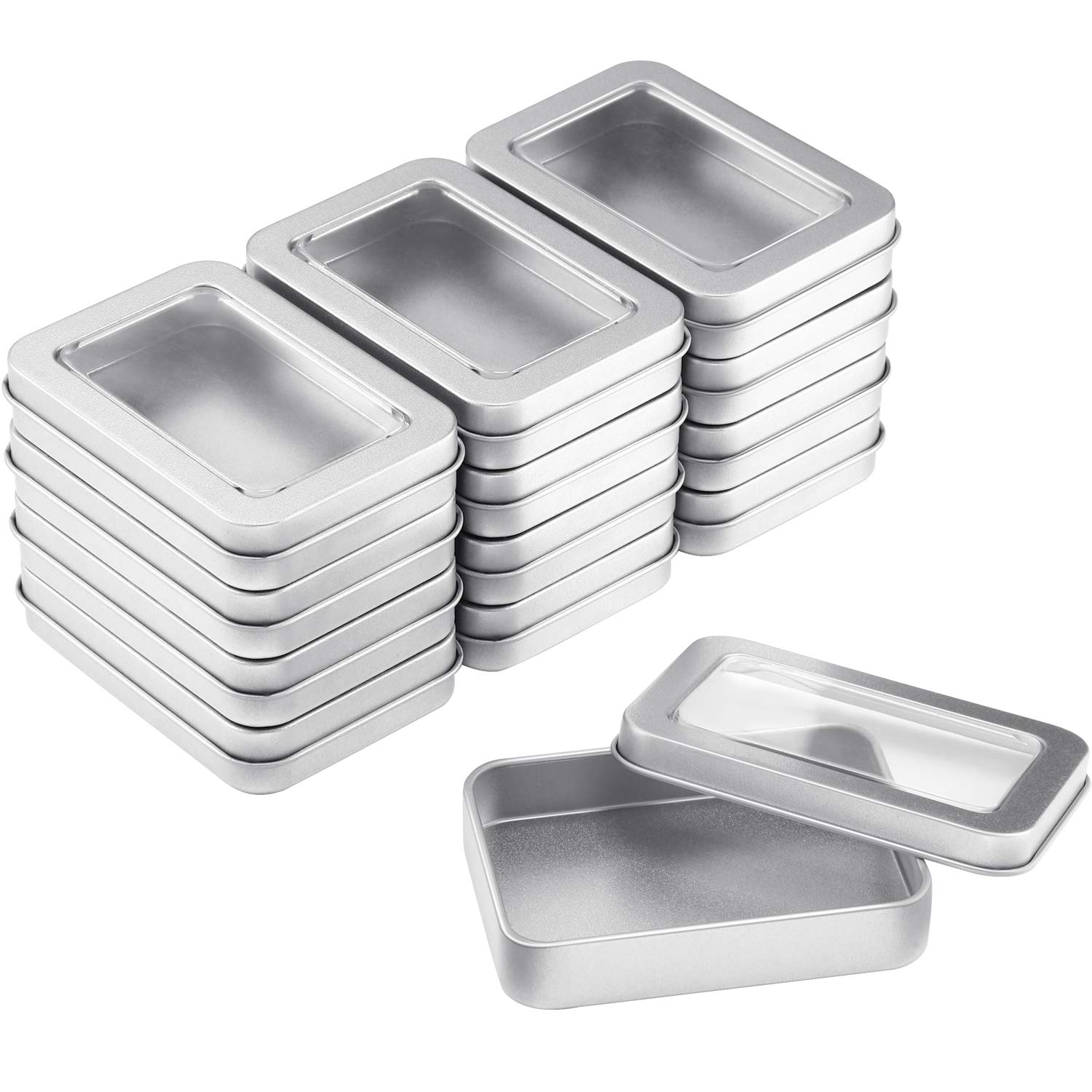 Metal Tin Box Metal Tins With Lids Clear Top Tins Box Empty Storage Tins Case Rectangle Containers Can with Large Clear Window for Candles, Candies, Gifts, Balms and Treasures, Silver(24 Pieces)