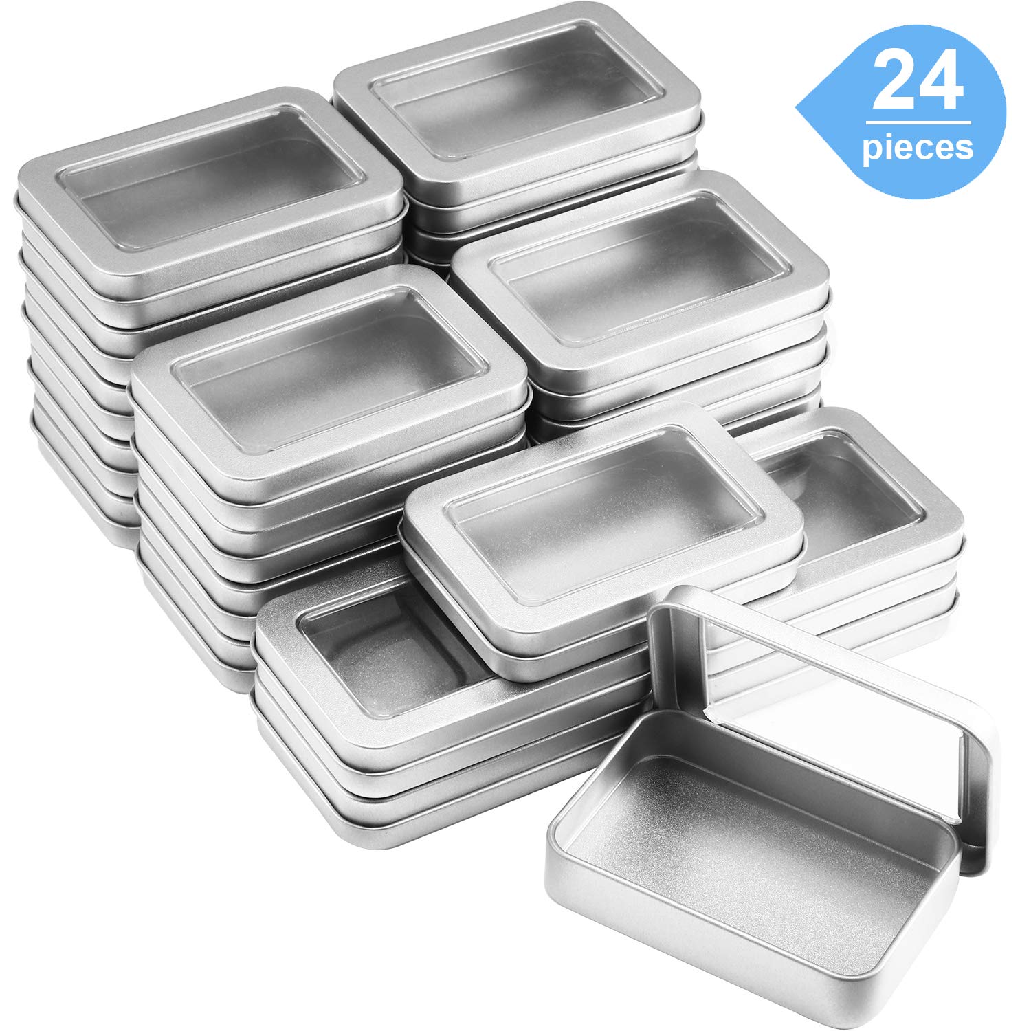 Metal Tin Box Metal Tins With Lids Clear Top Tins Box Empty Storage Tins Case Rectangle Containers Can with Large Clear Window for Candles, Candies, Gifts, Balms and Treasures, Silver(24 Pieces)