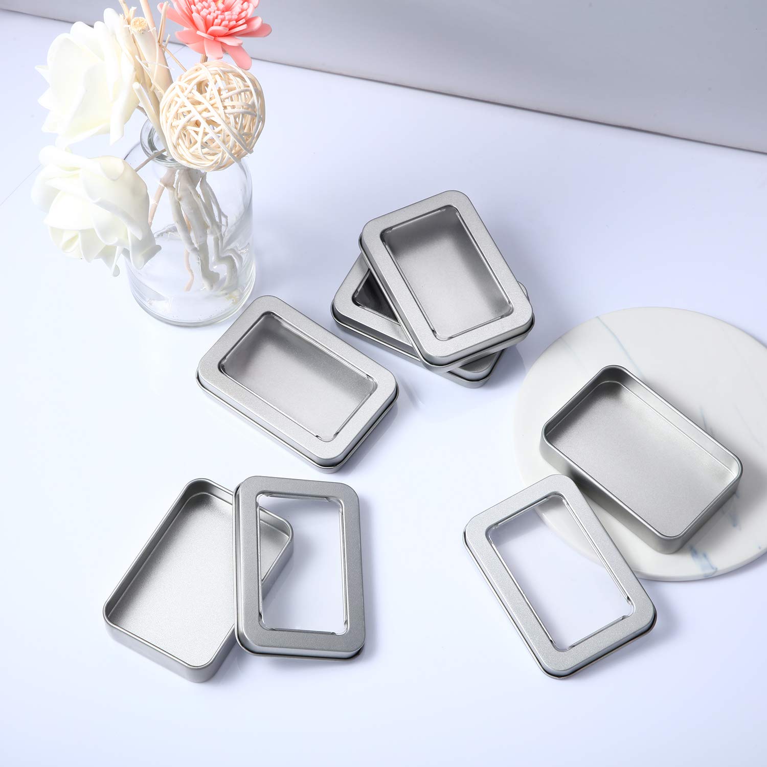 Metal Tin Box Metal Tins With Lids Clear Top Tins Box Empty Storage Tins Case Rectangle Containers Can with Large Clear Window for Candles, Candies, Gifts, Balms and Treasures, Silver(24 Pieces)