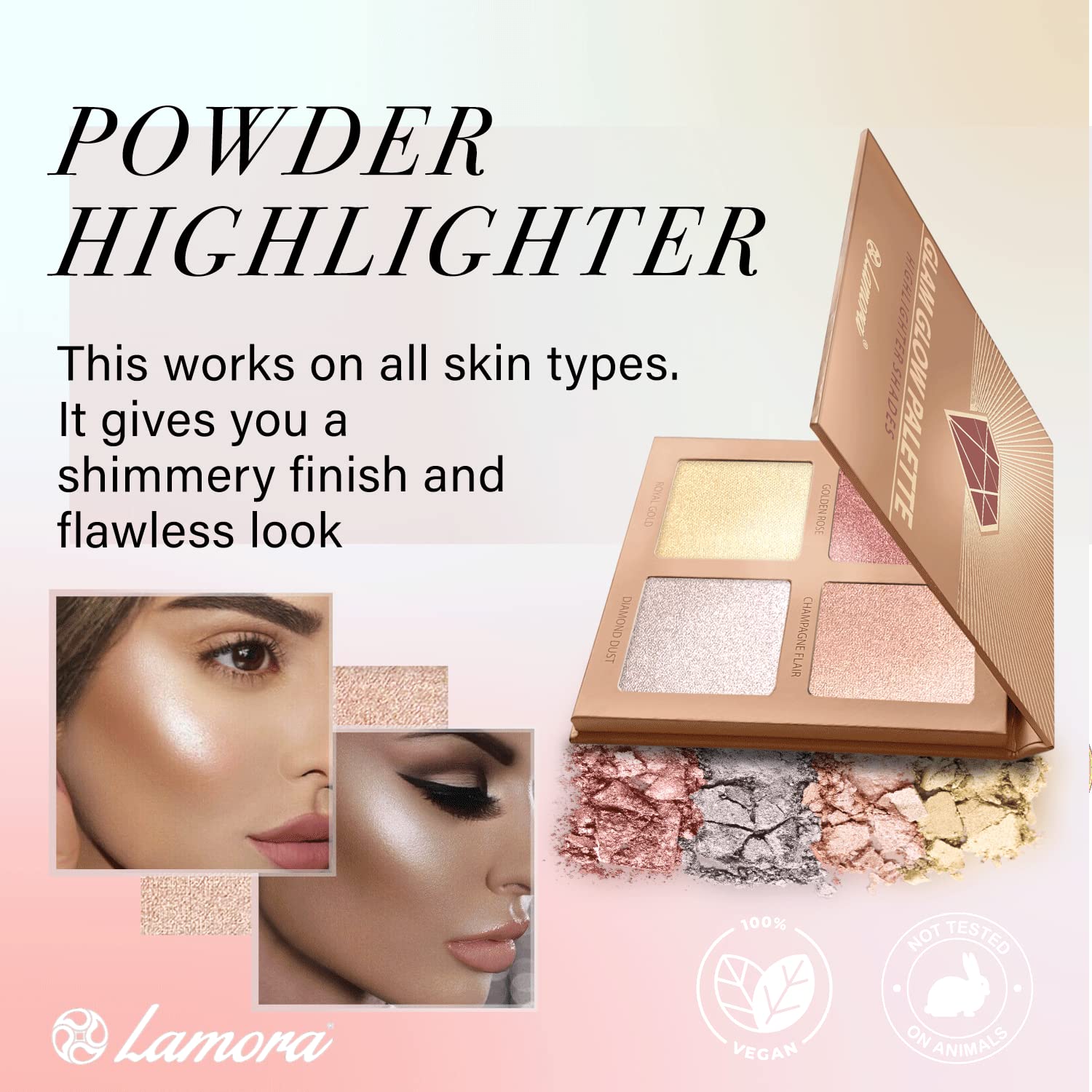 Highlighter Palette Highlighter Makeup Iluminador - Glow Bronzer Powder Makeup Highlighter Kit With Mirror - 4 Highly Pigmented Face Highlighter Shimmer Colors - Vegan, Cruelty Free & Hypoallergenic