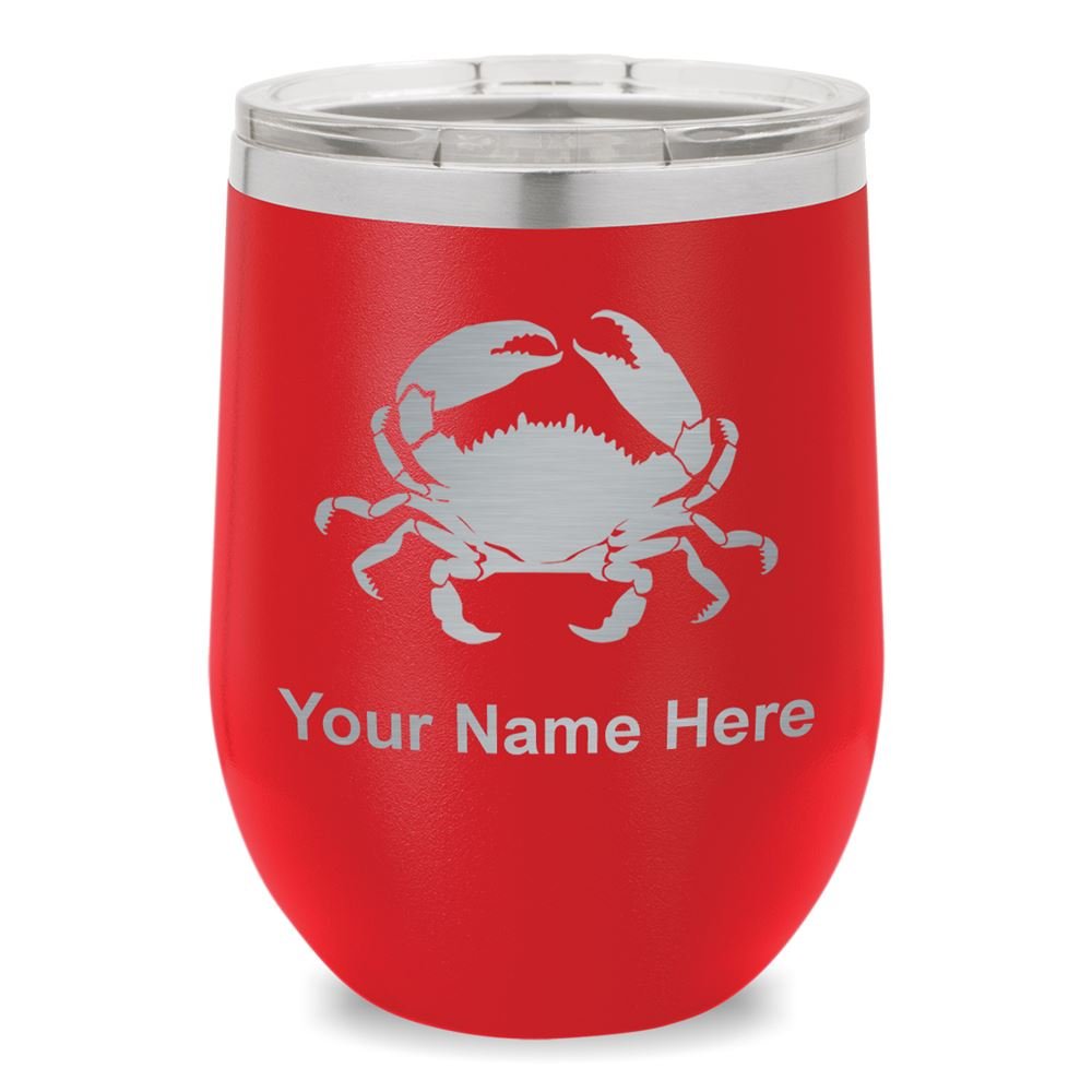 LaserGram Double Wall Stainless Steel Wine Glass Tumbler, Crab, Personalized Engraving Included (Red)