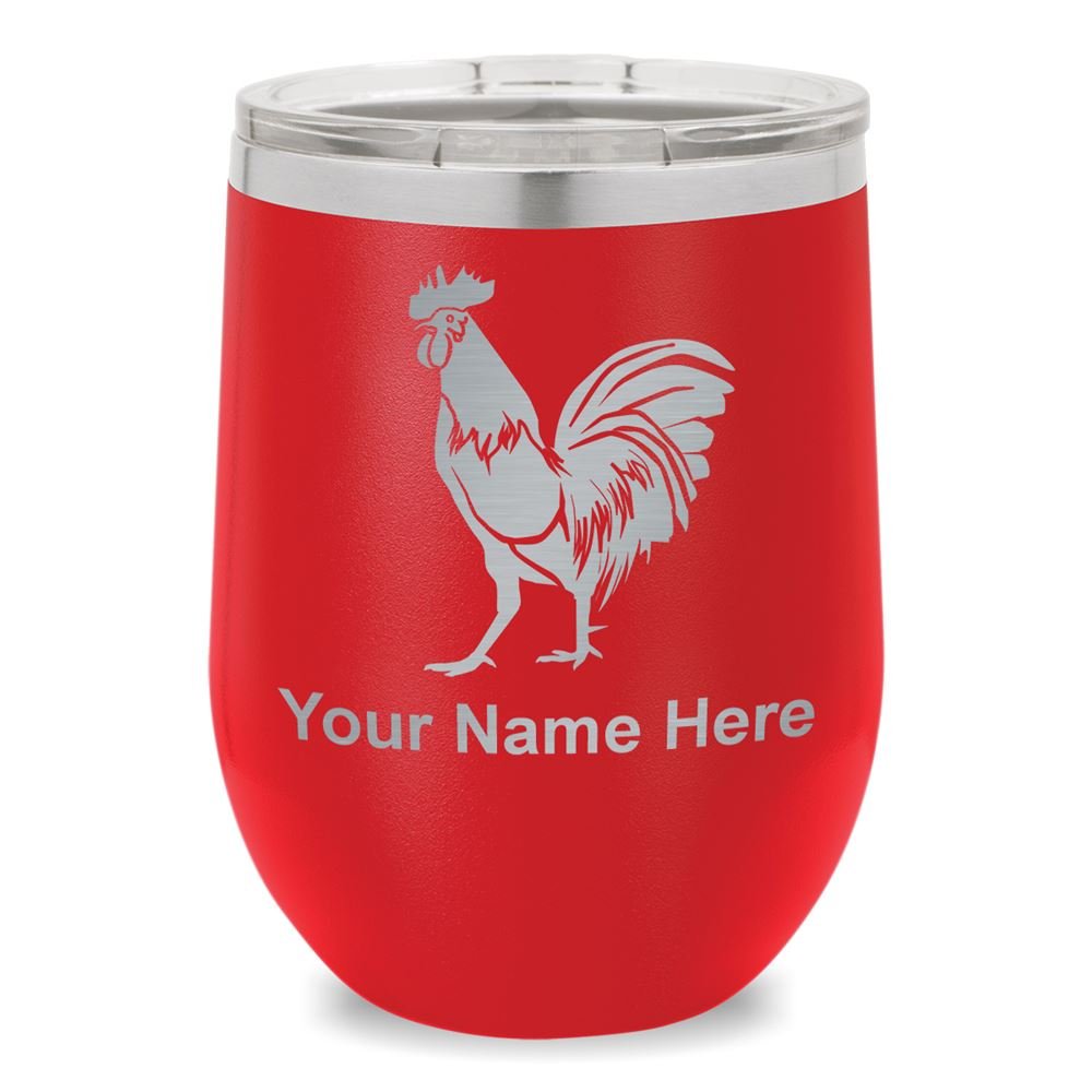 LaserGram Double Wall Stainless Steel Wine Glass Tumbler, Rooster, Personalized Engraving Included (Red)