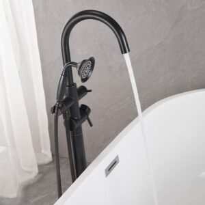 Wowkk Tub Filler Freestanding Bathtub Faucet Oil Rubbed Bronze Floor Mounted Brass Bathroom Tub Faucets with Hand Shower