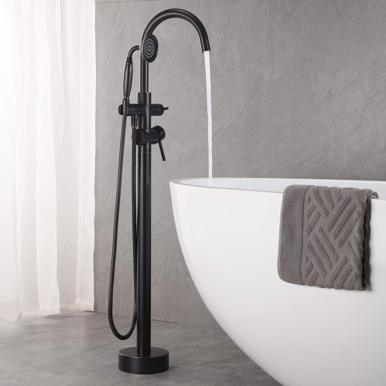 Wowkk Tub Filler Freestanding Bathtub Faucet Oil Rubbed Bronze Floor Mounted Brass Bathroom Tub Faucets with Hand Shower