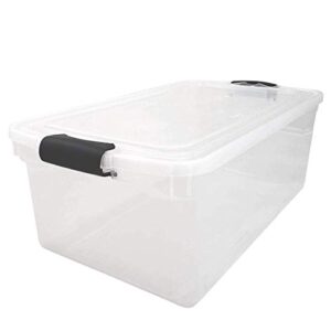 homz multipurpose 66 quart clear storage container tote bins with secure latching lids for home or office organization, (2 pack)