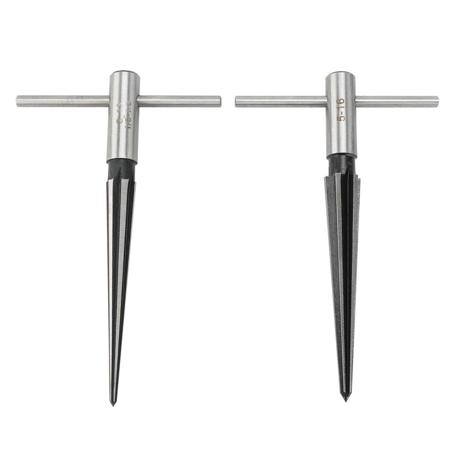 YaeKoo 2 pcs Tapered Reamer T Handle 6 Fluted Chamfer Bridge Pin Hole Hand Held Reamer Sizes 1/8"-1/2" (3-13mm) & 5''-5/8'' (5-16mm) Handle Drilling Tools