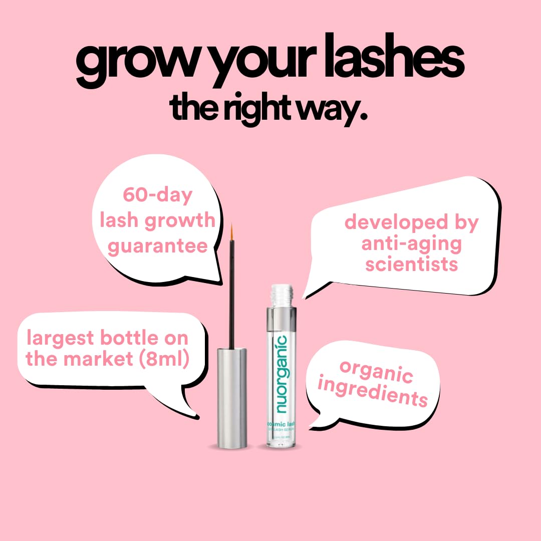 nuorganic Lash Growth Serum - Thicker + Longer + Stronger Eye Lashes in 30 Days - Natural + Vegan + Cruelty Free - As Seen on Tiktok! Extra Large Bottle + 3 Month Supply - 0.3 fl Oz / 8ml