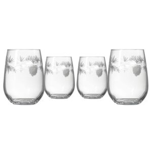 rolf glass icy pine stemless wine tumbler 17 ounce - stemless wine glasses – lead-free glass - etched tumbler glasses – proudly made in the usa (set of 4)