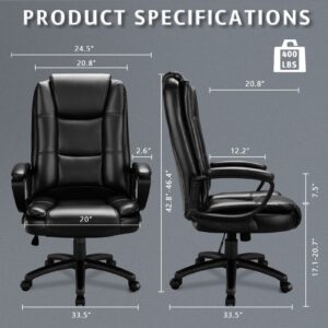 LEMBERI Office Desk Chair, Big and Tall Managerial Executive Chair, High Back Computer Chair, Ergonomic Adjustable Height PU Leather Chairs with Cushions Armrest for Long Time Sitting (Black)
