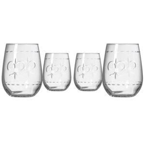 rolf glass fleur de lis stemless wine tumbler 17 ounce - stemless wine glasses - lead-free glass - etched tumbler glasses - proudly made in the usa (set of 4)