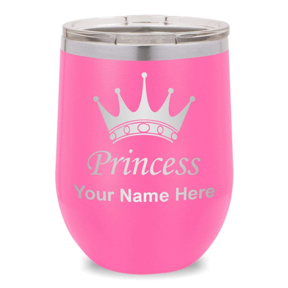 LaserGram Double Wall Stainless Steel Wine Glass Tumbler, Princess Crown, Personalized Engraving Included (Pink)