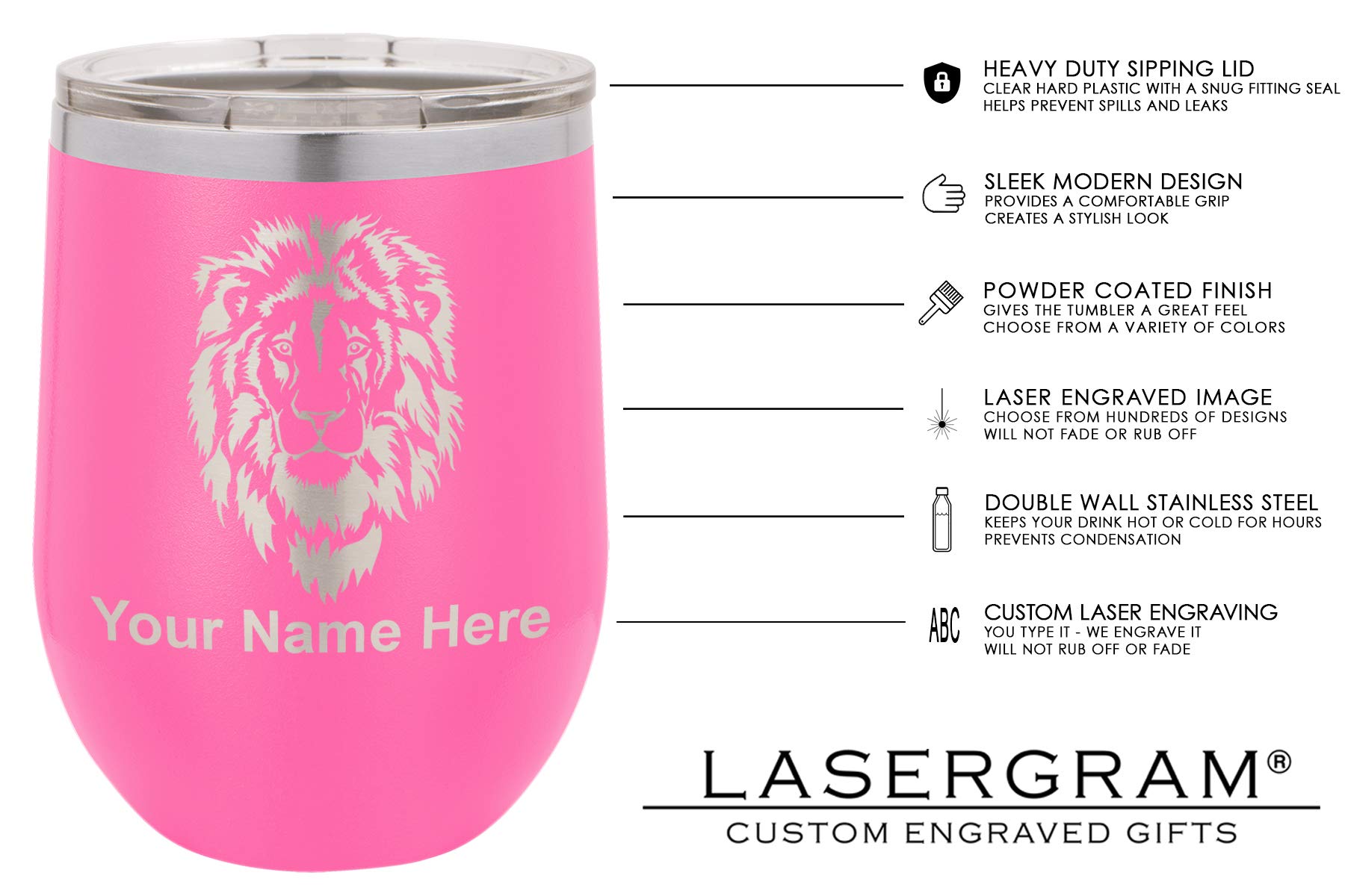 LaserGram Double Wall Stainless Steel Wine Glass Tumbler, Princess Crown, Personalized Engraving Included (Pink)