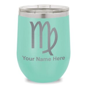 lasergram double wall stainless steel wine glass tumbler, zodiac sign virgo, personalized engraving included (teal)