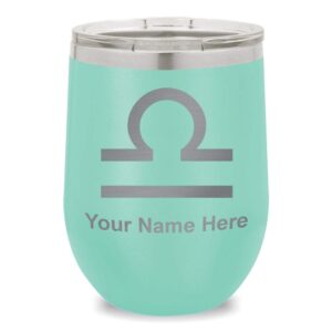 lasergram double wall stainless steel wine glass tumbler, zodiac sign libra, personalized engraving included (teal)