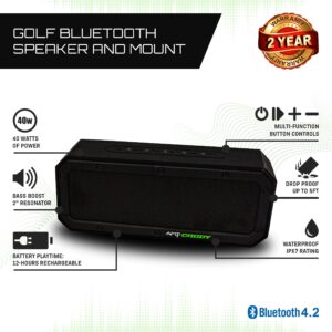 Golf Speaker with Mount, 40 Watt Bluetooth Portable Ampcaddy Version 3 Pro Max Bluetooth Speaker and Mount with Loud Stereo Sound and Bass Boost, 12-Hour Playtime, Extended Bluetooth Range, Waterproof