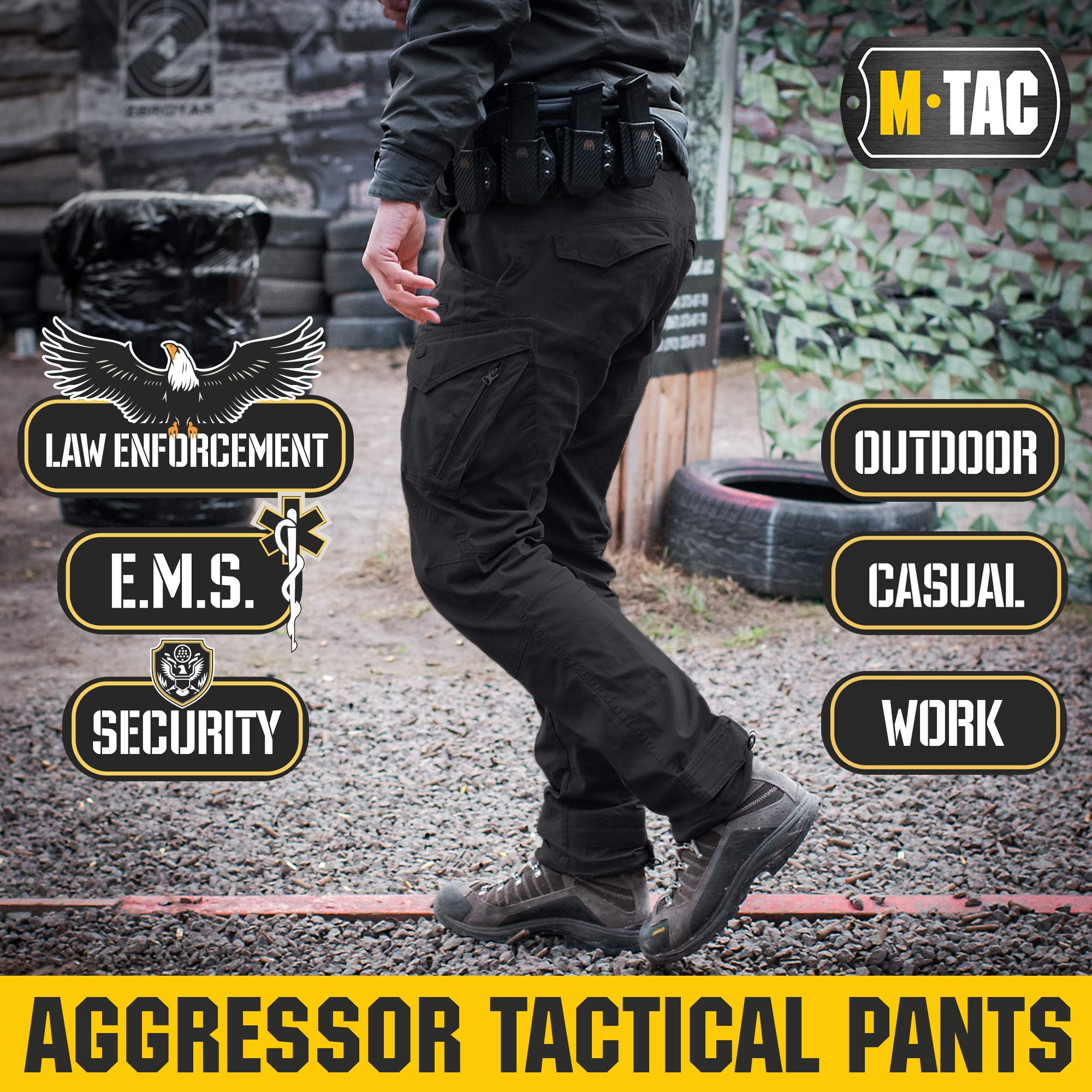 M-Tac Aggressor Flex - Tactical Pants - Men Black Cotton with Cargo Pockets (Black, 34W x 32L)