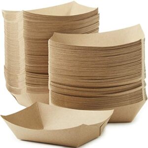eco friendly usa-made 3lb food holder trays 150 pk. compostable kraft paper container for diners concession stands or camping. best sturdy 3 lb disposable party snack boat for nachos, tacos or bbq.