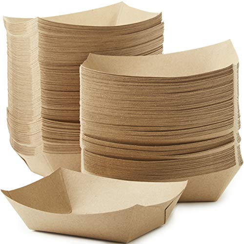 Eco Friendly USA-Made 3lb Food Holder Trays 150 Pk. Compostable Kraft Paper Container for Diners Concession Stands or Camping. Best Sturdy 3 Lb Disposable Party Snack Boat for Nachos, Tacos or BBQ.