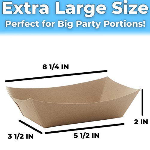 Eco Friendly USA-Made 3lb Food Holder Trays 150 Pk. Compostable Kraft Paper Container for Diners Concession Stands or Camping. Best Sturdy 3 Lb Disposable Party Snack Boat for Nachos, Tacos or BBQ.