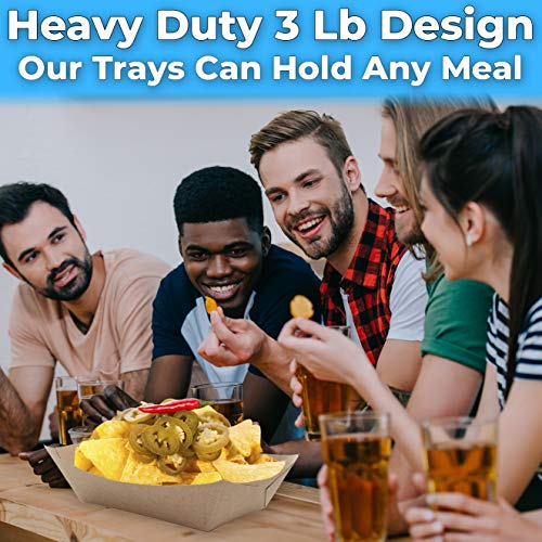 Eco Friendly USA-Made 3lb Food Holder Trays 150 Pk. Compostable Kraft Paper Container for Diners Concession Stands or Camping. Best Sturdy 3 Lb Disposable Party Snack Boat for Nachos, Tacos or BBQ.