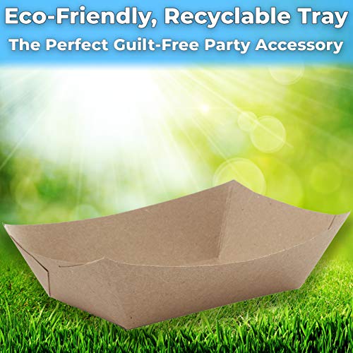 Eco Friendly USA-Made 3lb Food Holder Trays 150 Pk. Compostable Kraft Paper Container for Diners Concession Stands or Camping. Best Sturdy 3 Lb Disposable Party Snack Boat for Nachos, Tacos or BBQ.