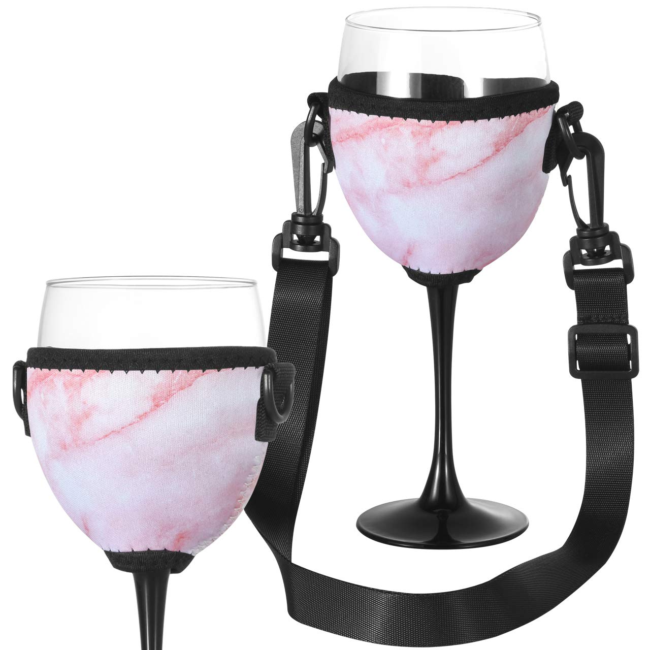 Beautyflier Wine Glass Insulator/Drink Holder/Neoprene Sleeve with Adjustable Neck Strap For Wine Walk (Marble Pink)