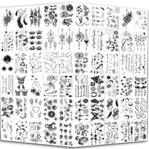 yazhiji tiny waterproof temporary tattoos - 60 sheets, moon stars constellations music compass anchor words lines flowers for kids adults men and women.