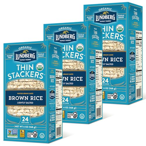 Lundberg Thin Stackers - Rice Cakes, Organic Brown Rice Lightly Salted, Healthy Snacks for Adults and Kids, Low-Calorie Snacks, Organic Snacks, Vegan, 6 Oz (Pack of 3)