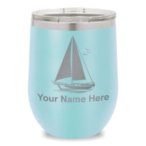 lasergram double wall stainless steel wine glass tumbler, sailboat, personalized engraving included (light blue)