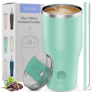 albor 20 oz travel coffee mug with 2 in 1 lid and straw, insulated stainless steel leak proof coffee tumbler thermos, spill proof thermal cup (mint)