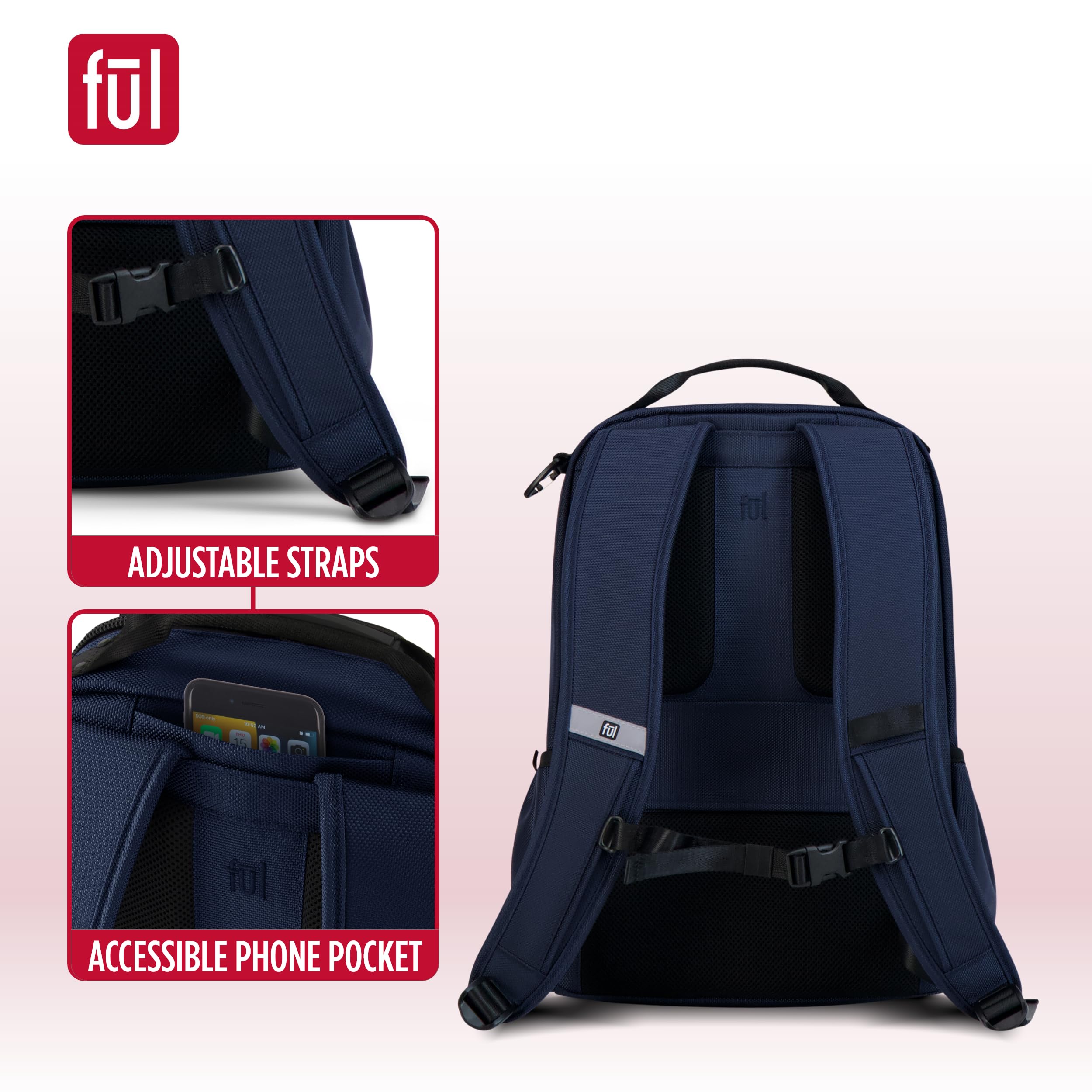 FUL Tactics Collection 15 Inch Laptop Backpack, Phantom Padded Computer Bag for Commute or Travel, Navy