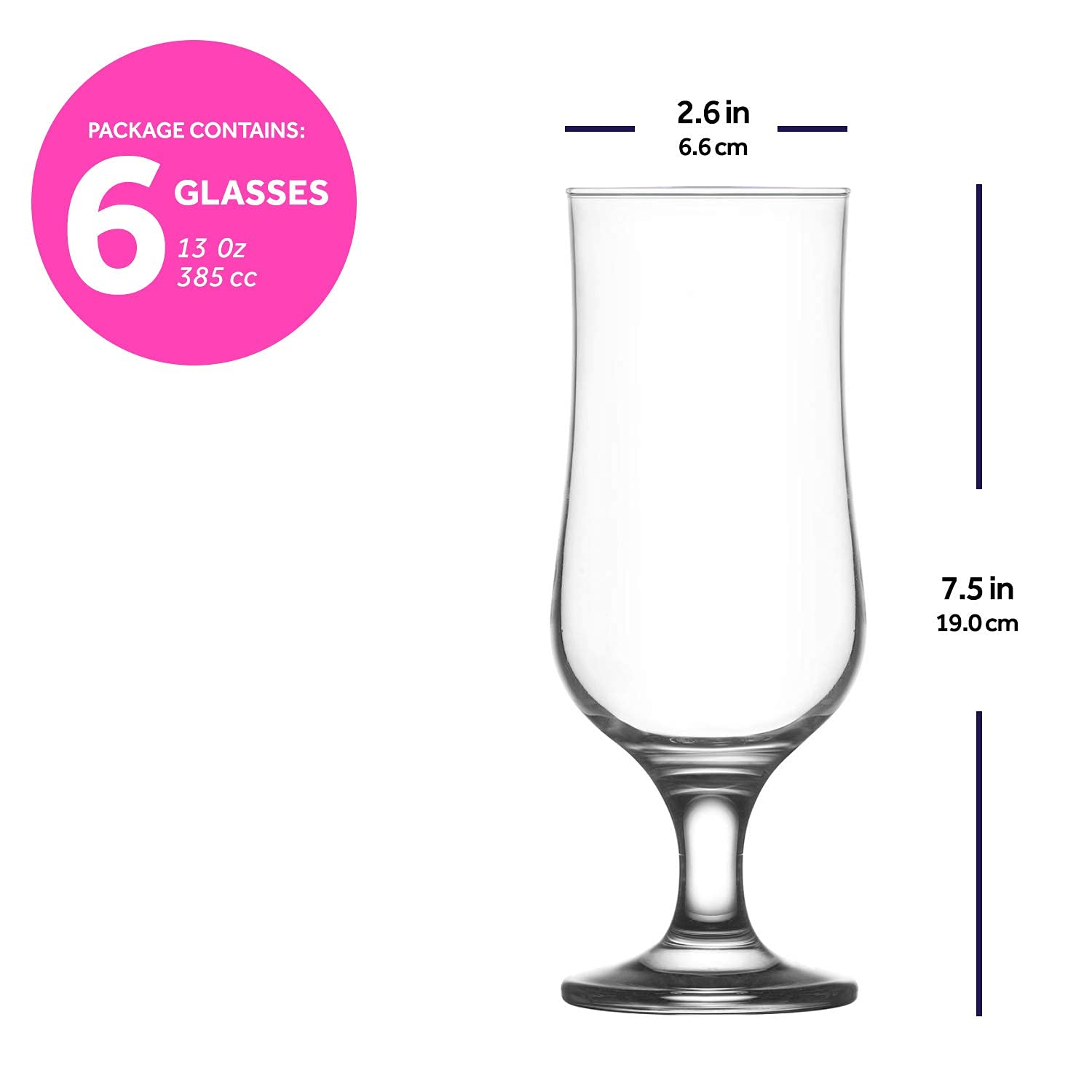 lav Hurricane Glasses Set of 6 - Pina Colada Cocktail Glasses 13 Oz - Great Choice for Tropical Drinks & Beers and Juice - Lead-Free Clear Tulip Drinking Cups Father's Day Gift