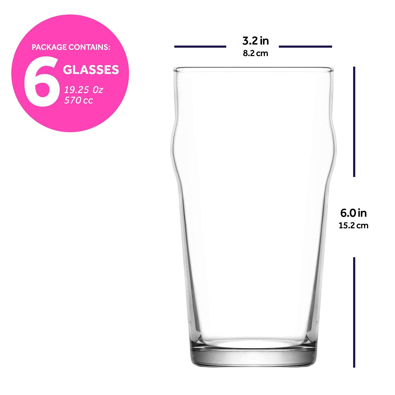 lav Beer Glasses Set of 6x19 oz - Traditional British Pub Pint Glasses - Large Craft Clear Beer Glasses - Easy Stacking & Lead-Free & Gift Option