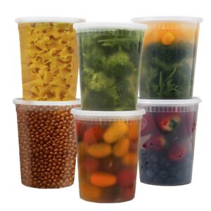 [24 Pack - 32 oz] Plastic Soup Cups Deli Food Storage Containers with Tight Lids Portion Control Non-Spill Stackable Microwaveable Freezer Dishwasher Safe