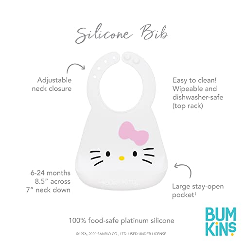 Bumkins Bibs, Silicone Pocket for Babies, Baby Bib for Girl or Boy, for 6-24 Months Up to Toddler, Essential Must Have for Eating, Feeding, Baby Led Weaning Supplies, Mess Saving, Sanrio Hello Kitty