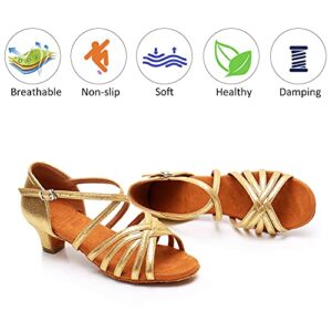 DKZSYIM Girls&Women's Satin Latin Dance Shoes Professional Ballroom Salsa Practice Performance Dancing Shoes, WH-BDJ-Gold,13.5 M Little Kid