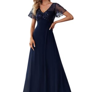 Ever-Pretty Women's Short Sleeve Sweetheart Illusion Wedding Party Maxi Dress Navy US14